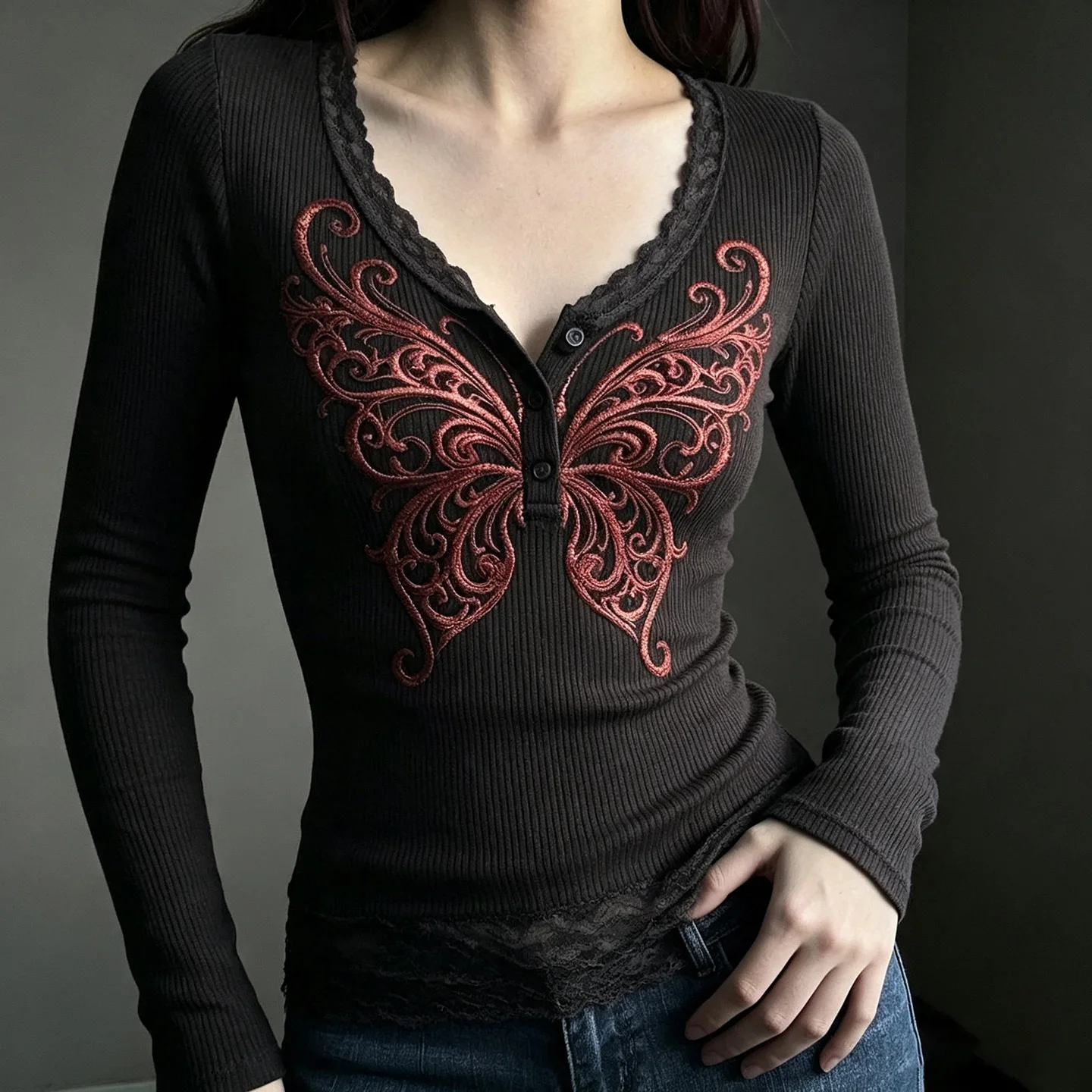 Womens Solid Color Fitted Long Sleeve T Shirt with for Butterfly Motif and Delicate Lace Trim for Spring Autumn Winter