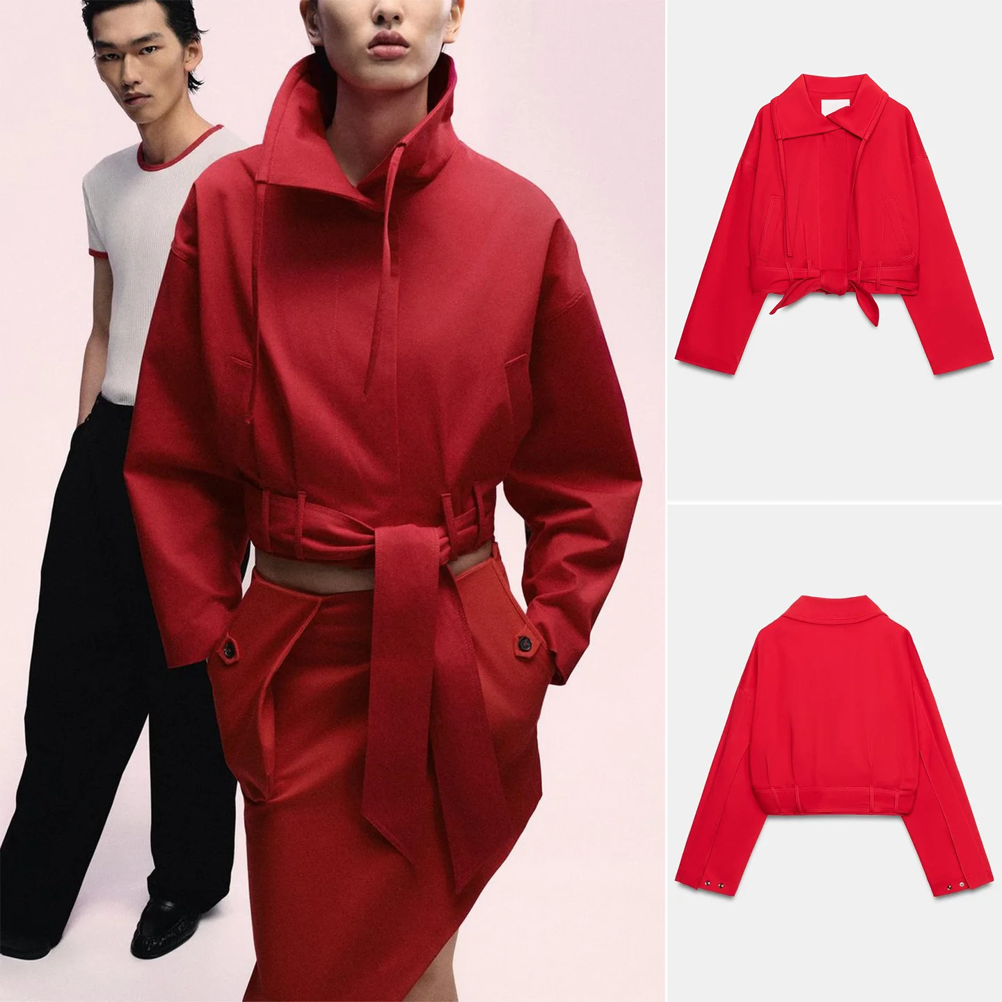 

Spring Summer New Arrival Women's Minimalist Long Sleeve High Collar Belted Coat Decorative Pleats Casual Style Polyester Fiber