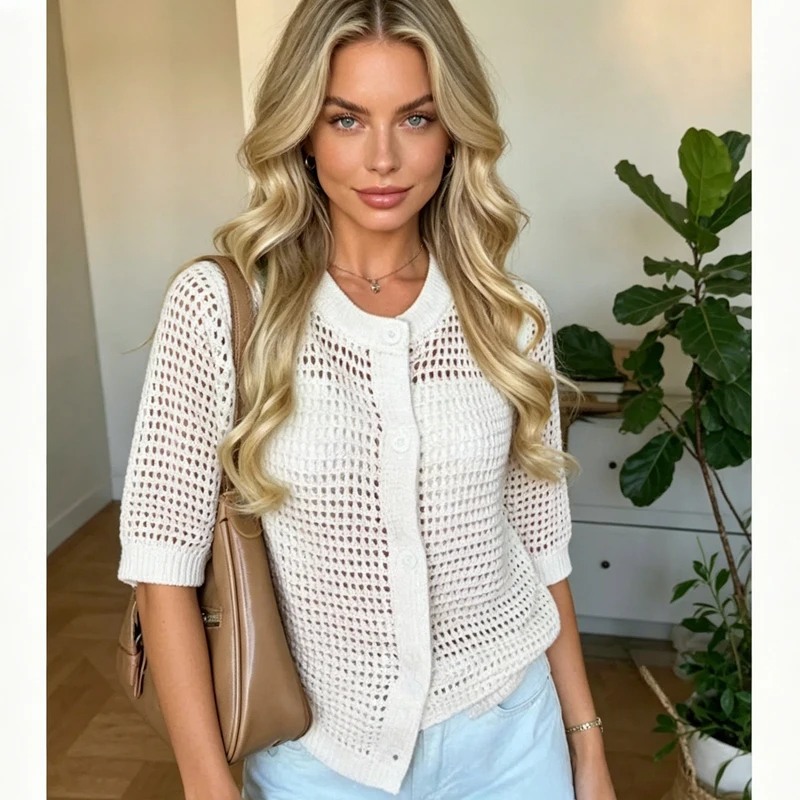 

Women's Shirt Short Sleeve Solid Color O-neck Hollow Out Knitted Blouse Women Summer Casual Elegant Female Shirts Knitwear Tops