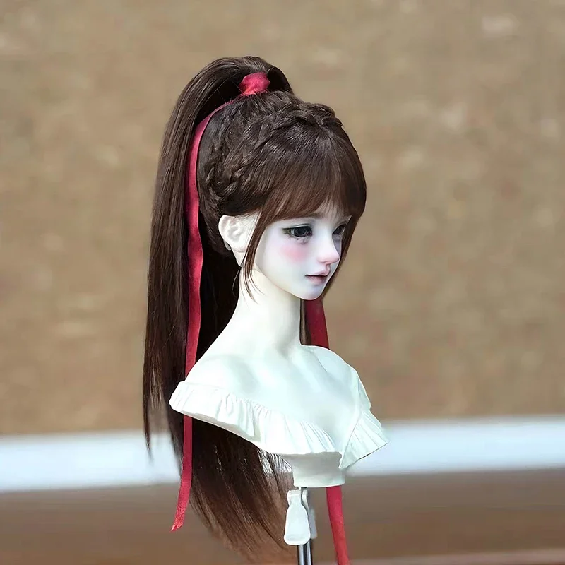 High Ponytail Braided Ancient Style Wig Red Ribbon Chinese Style Dark brown Long Hair 1/6 1/4 1/3 BJD Wig DD SD Doll Accessory