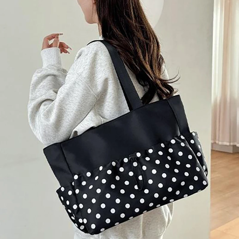 

Женская ретро-сумка через плечо с лоскутным узором в горошек, большая сумка-тоут с завязками спереди, повседневная и универсальная, для кампуса, поездок и путешествий