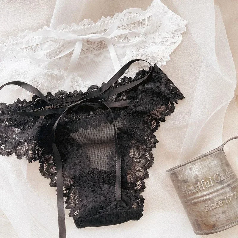 

Cute Ribbon Bow Pure Cotton Crotch Breathable Women Triangle Briefs Girls Low-rise Panties Hotsweet Sexy Lace Hollow Out Briefs