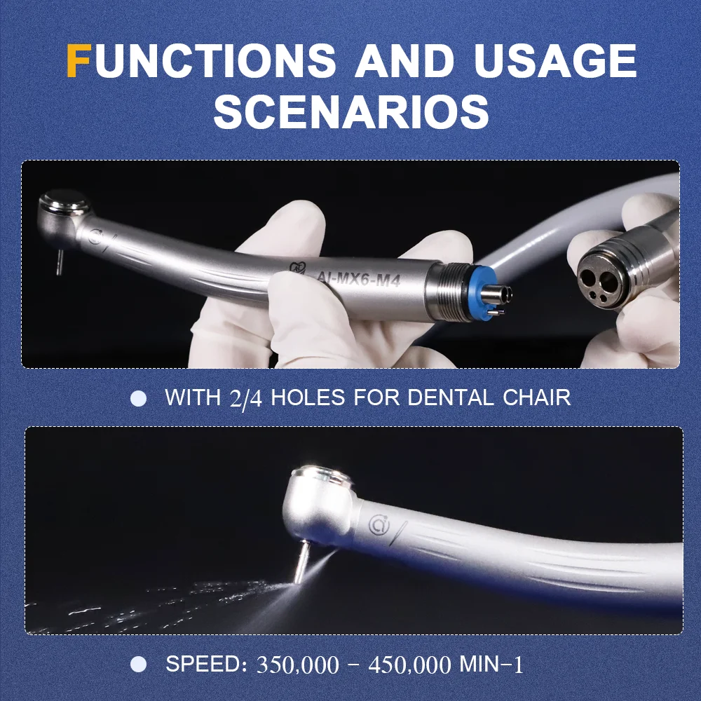 Turbina de ar odontológica com luz LED, peça de alta velocidade, conecte 2 ou 4 furos, cadeira odontológica, AI-MX6-M4