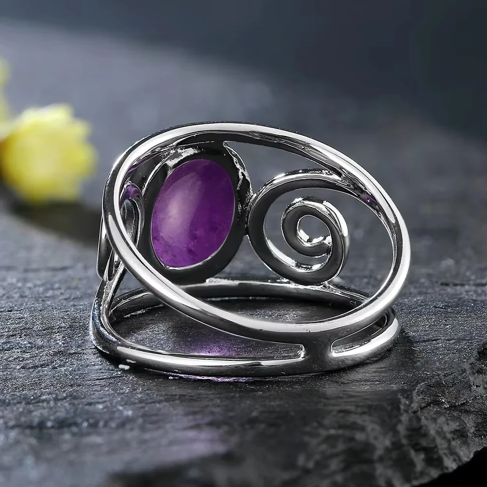 S925 Silver Natural Amethyst Rings 8*10MM Natural Gemstone Retro Silver Oval Shape Ring Fine Jewelry Gifts For Women