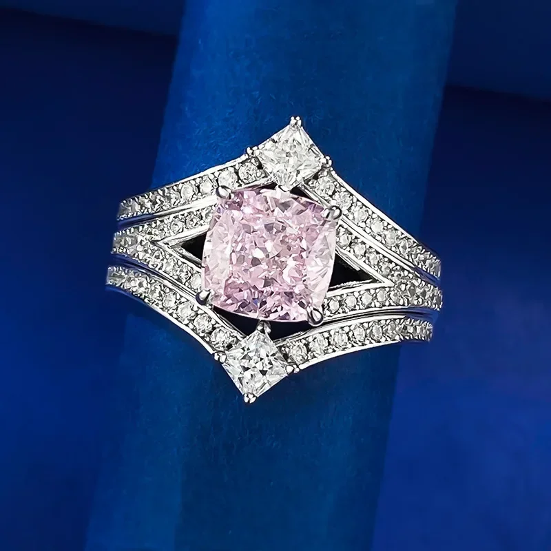 

SpringQiaoer 925 Sterling Silver Crushed Ice Cut 7*7 MM Pink Sapphire Gemstone Cocktail Ring for Women Anniversary Gifts Jewelry