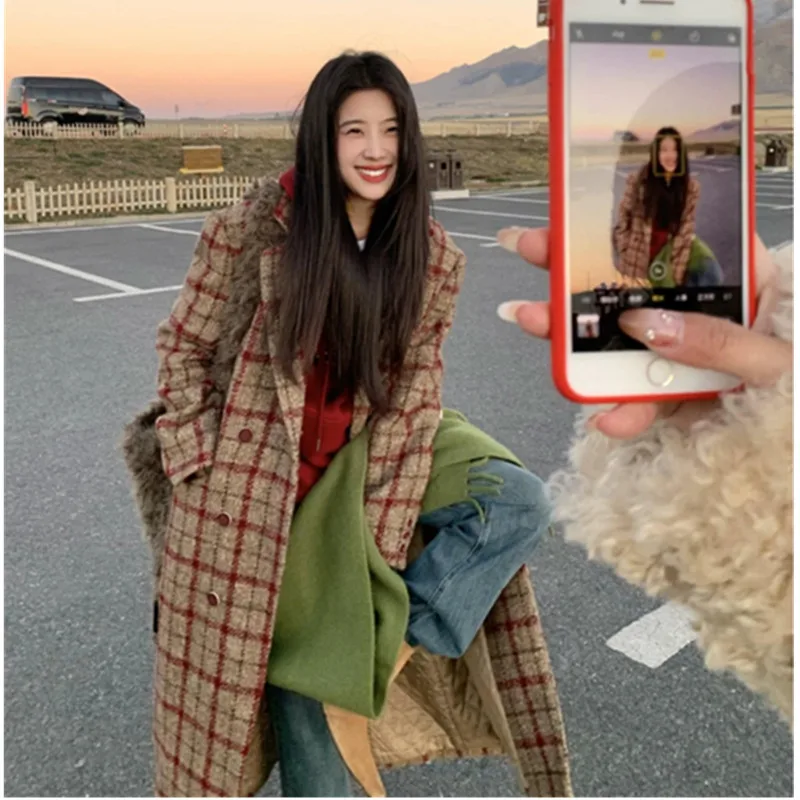 جديد خريف وشتاء 2026 معطف صوفي منقوش عالي الجودة للنساء معاطف صوف بمزاجية كورية معطف طويل غير رسمي للسيدات #5