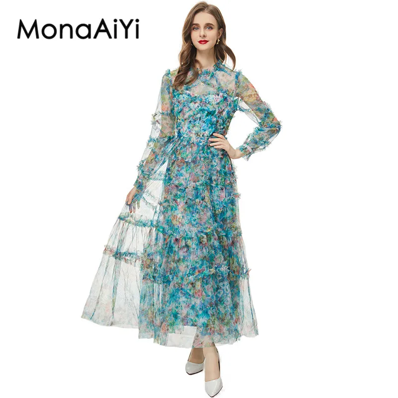 MonaAiYi New Fashion Runway Designer Women\'s Spring And Summer  Long Sleeved Wooden Ear Edge Printed Green Sheer Dress