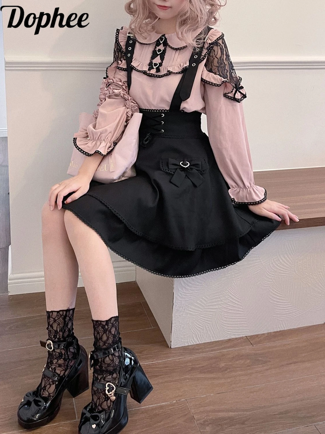 Dophee Japanese Lolita Skirt and Top Women Suits Off Shoulder Lace Long Sleeve Pink Shirt + Gothic Bow Suspenders Skirt Sets