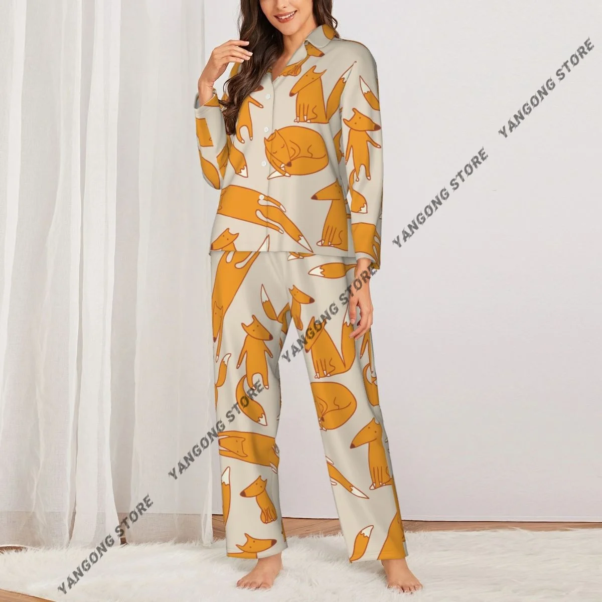 Spring and Autumn Pajama Set Women's Long Sleeve Pants Two Piece Fox Pattern Home Furnishing Set