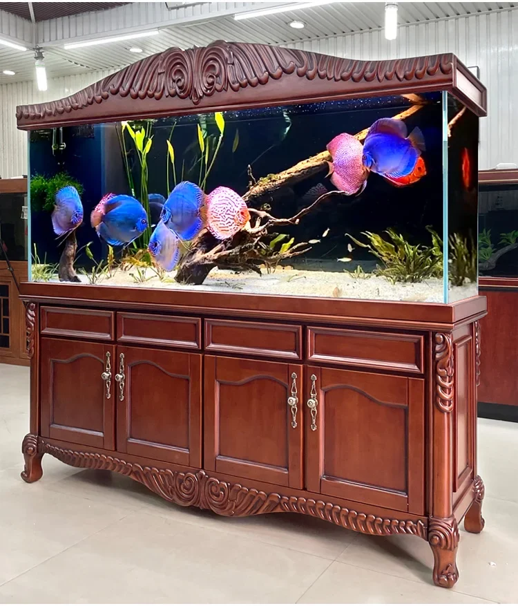 

Household living room large ecological aquarium bottom filter ultra-white glass carved cabinet