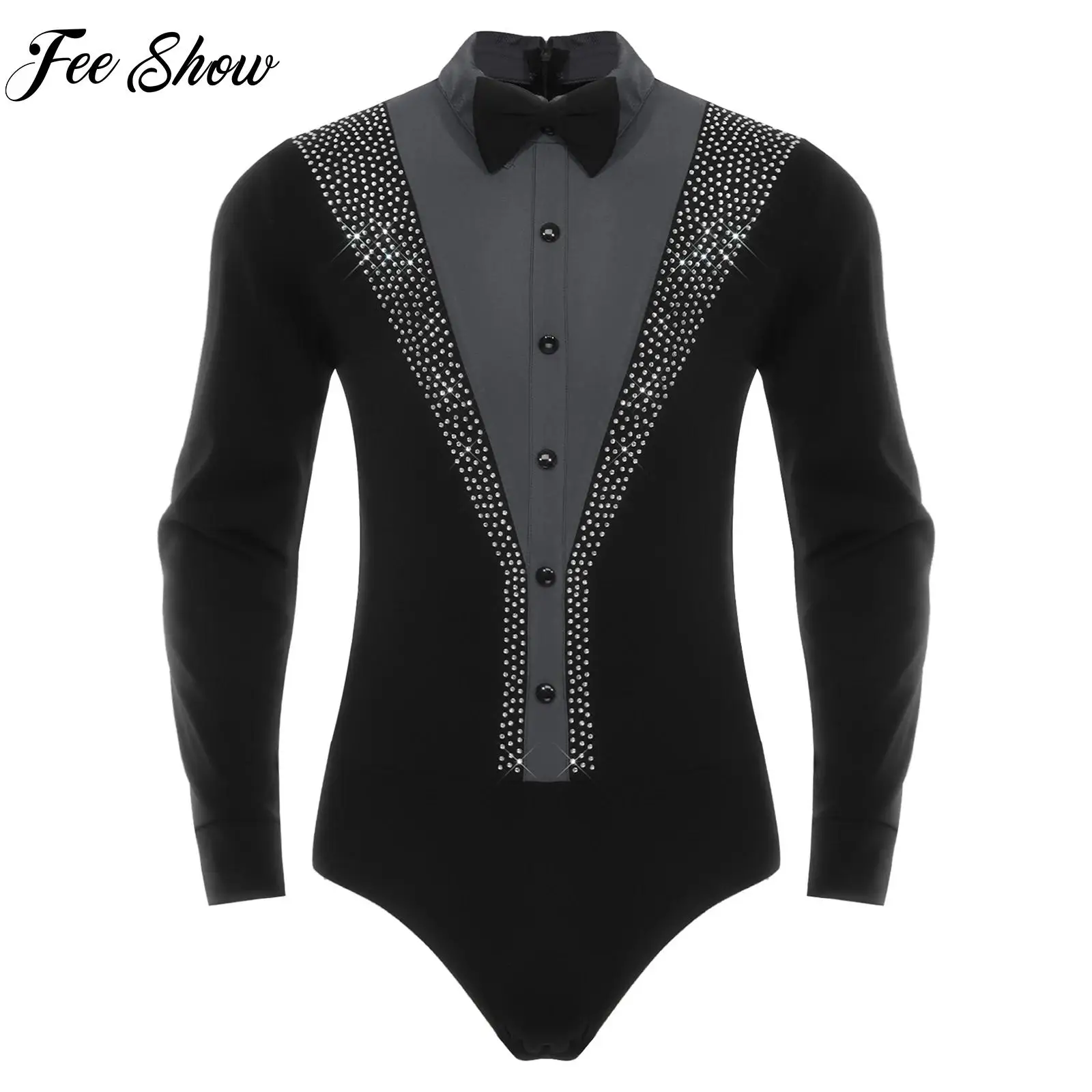 

Мужской костюм для фигурного катания с длинным рукавом, танцевальный костюм для выпускного вечера со стразами, гимнастический балет, боди для латинских танцев с галстуком-бабочкой