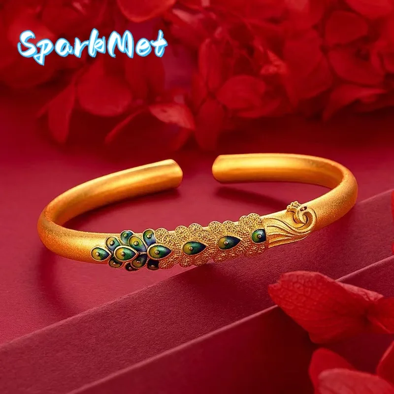 

Браслет Sparkmet 9999 из настоящего золота 24K, с эмалью и драгоценными камнями, в стиле антикварного павлиньего экрана, модное золотое украшение, открытый браслет