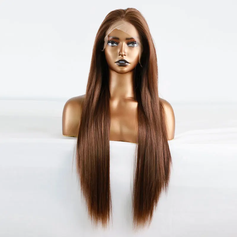 Auburn Brown Synthetic Hair Lace Front Wig Straight High Quality Heat Resistant Fiber Preplucked Natural Hairline For Women Wigs