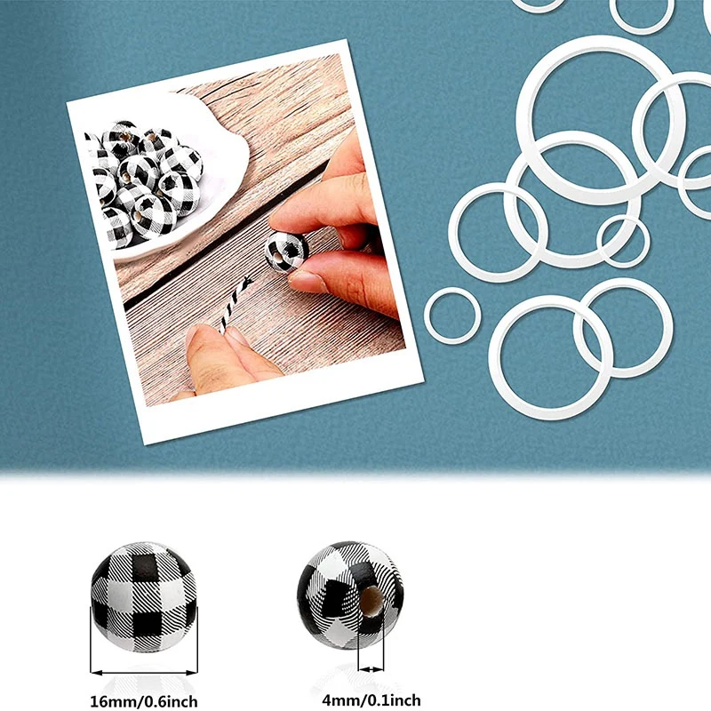 120 Pcs Black White Plaid Wood Beads Farmhouse Buffalo Wooden Beads For Garland Decoration DIY Craft Handmade Bracelet