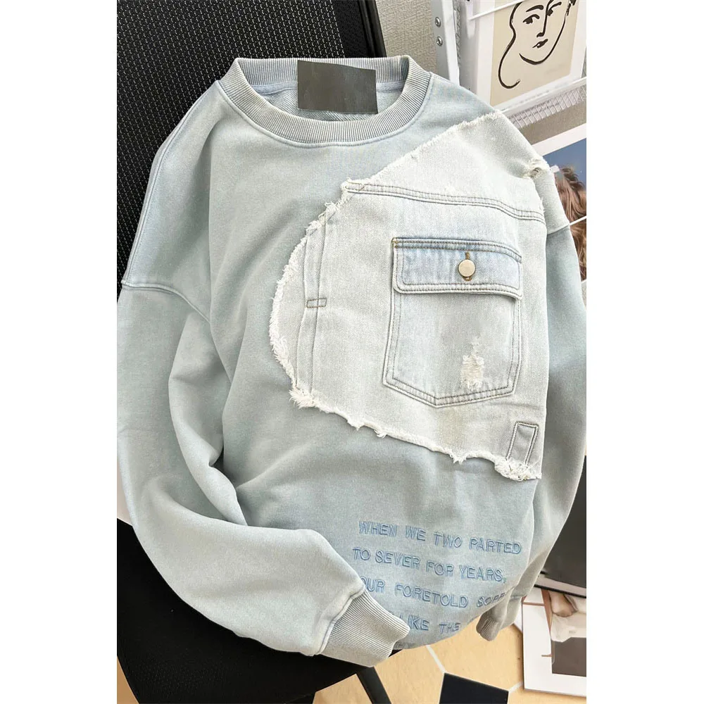 Men & Women Vintage Patchwork Distressed Sweatshirts Letter Embroidery Solid Loose Hoodies Retro Drop Sleeve Thin Tops 18-24Y