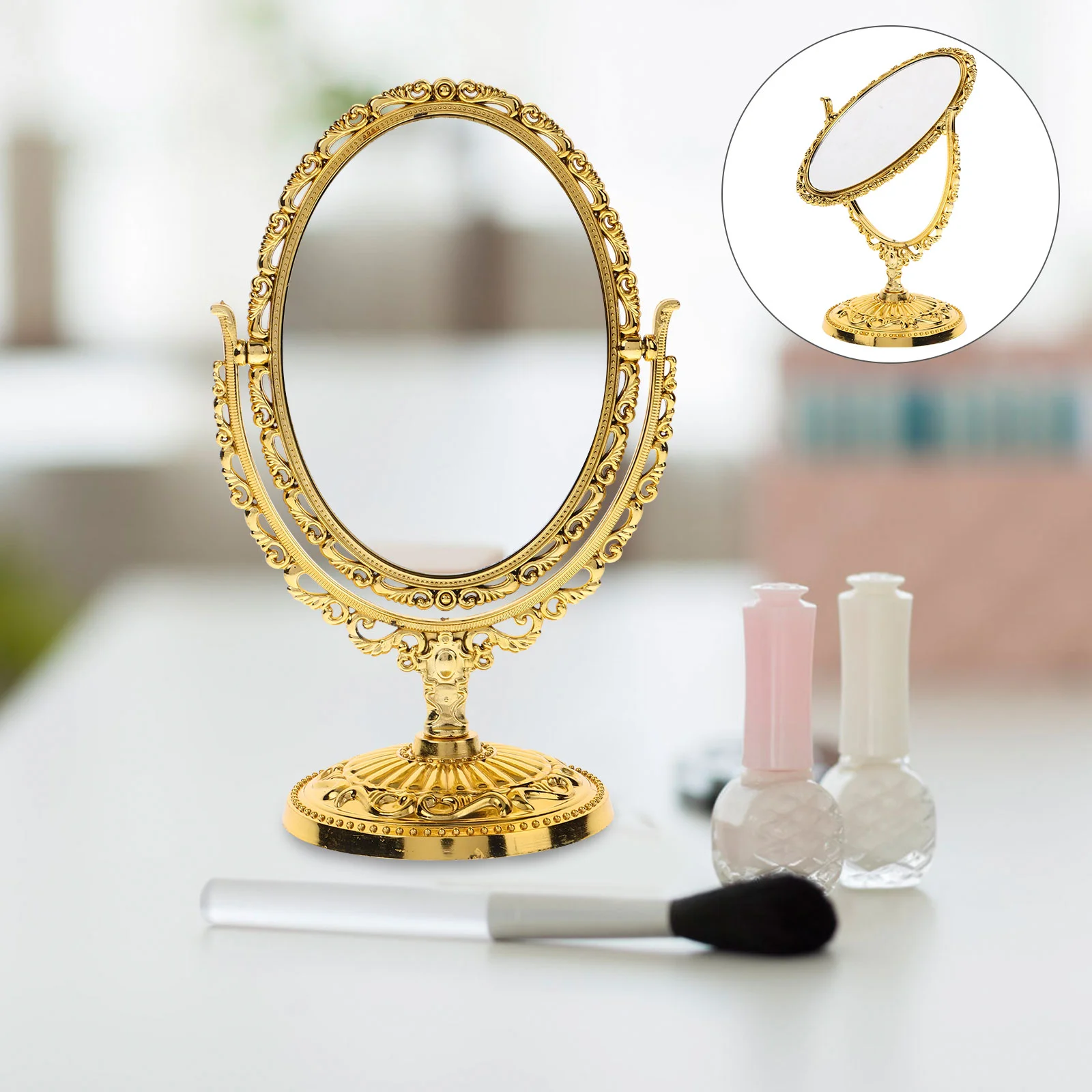 Dressing Table Vanity Mirror Oval with Frame Glass Embossed Desk Tabletop Swivel