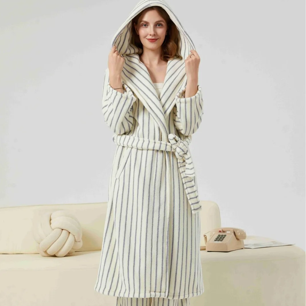 Women's Autumn/Winter New Coral Fleece Stripe Thickened Set Extended Hooded Bathrobe Sleeping Robe Sleepwear
