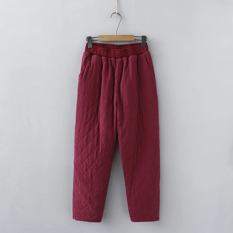 

2023 Autumn Winter Fashion Women Pants Retro Diamond Plaid Simple Elastic Waist Pants Loose Thicken Warm Cotton Straight Pants