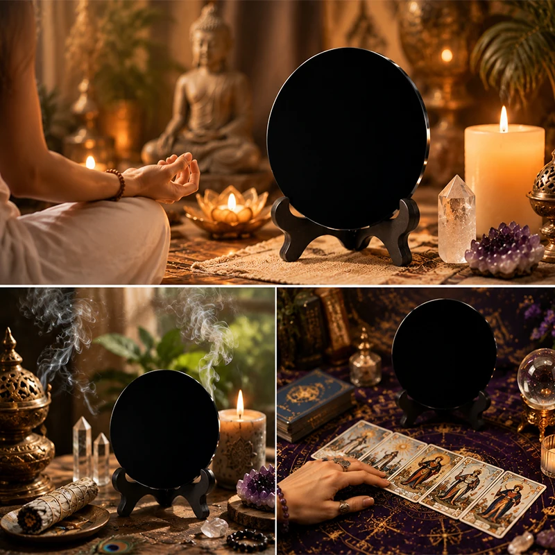 Natural Black Obsidian Scrying Mirror with Stand Round Polished Divination Stone Wicca Pagan Altar Healing Crystal Decor