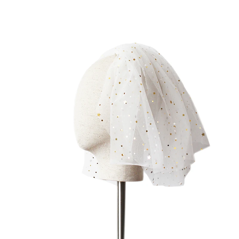 V628 Fascinators Korte Huwelijk Bruidssluier Twee-Laags Zachte Tule Sterren Pailletten Parel Kralen Witte Bruiloft Bruid Sluier Met Kam