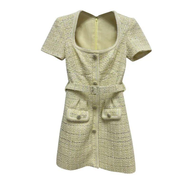 JHJN French Style Retro Tweed Elegant A Celebrity T-shirt Square Collar Dress For Women High Waist Thin Delivery Belt