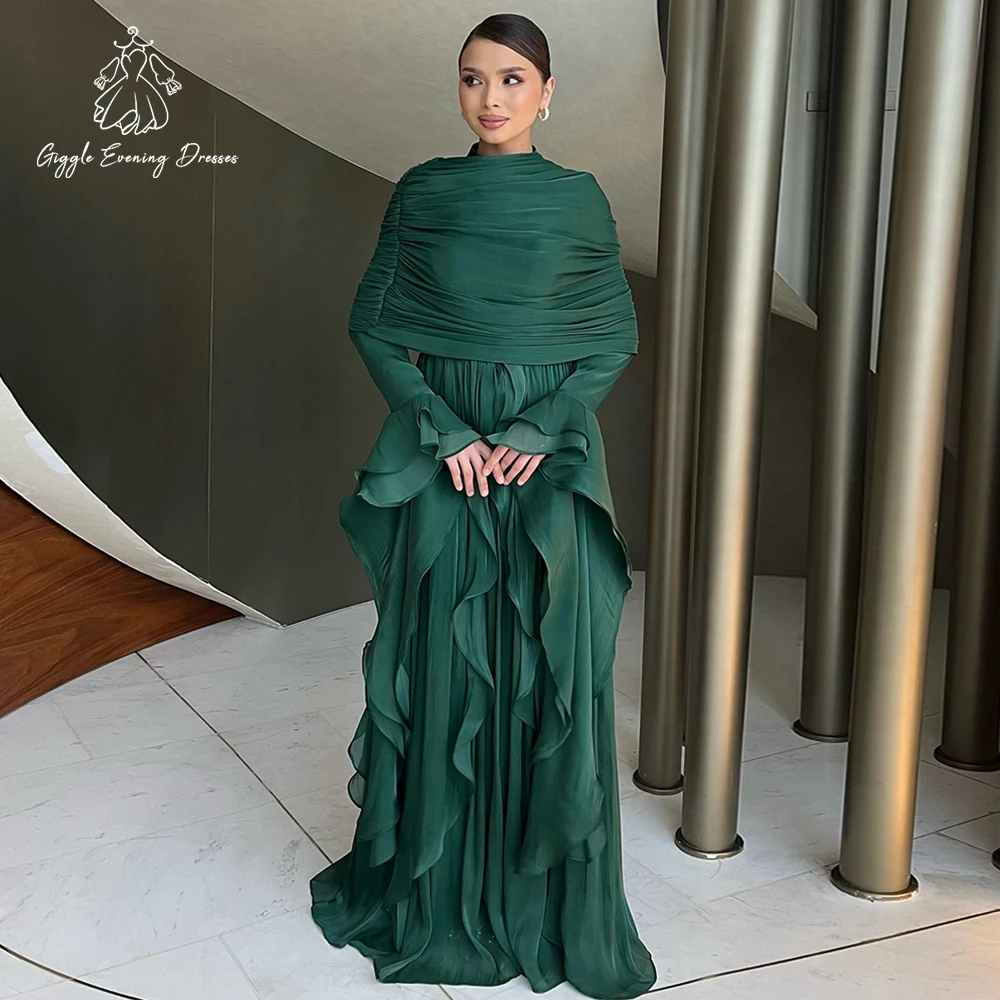 

Giggle зеленое шифоновое многоярусное вечернее платье с рюшами трапециевидной формы с драпировкой и длинными рукавами мусульманское вечернее платье Саудовская Аравия платья для выпускного вечера по индивидуальному заказу