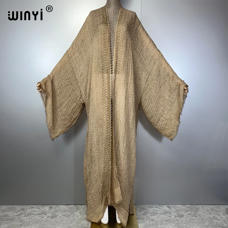 WINYI Geometric Print Kimono Kaftan Beachwear Cardigan Evening Dress Abaya Dubai Luxury Cover-Ups Beach Outfits Women Long Dress