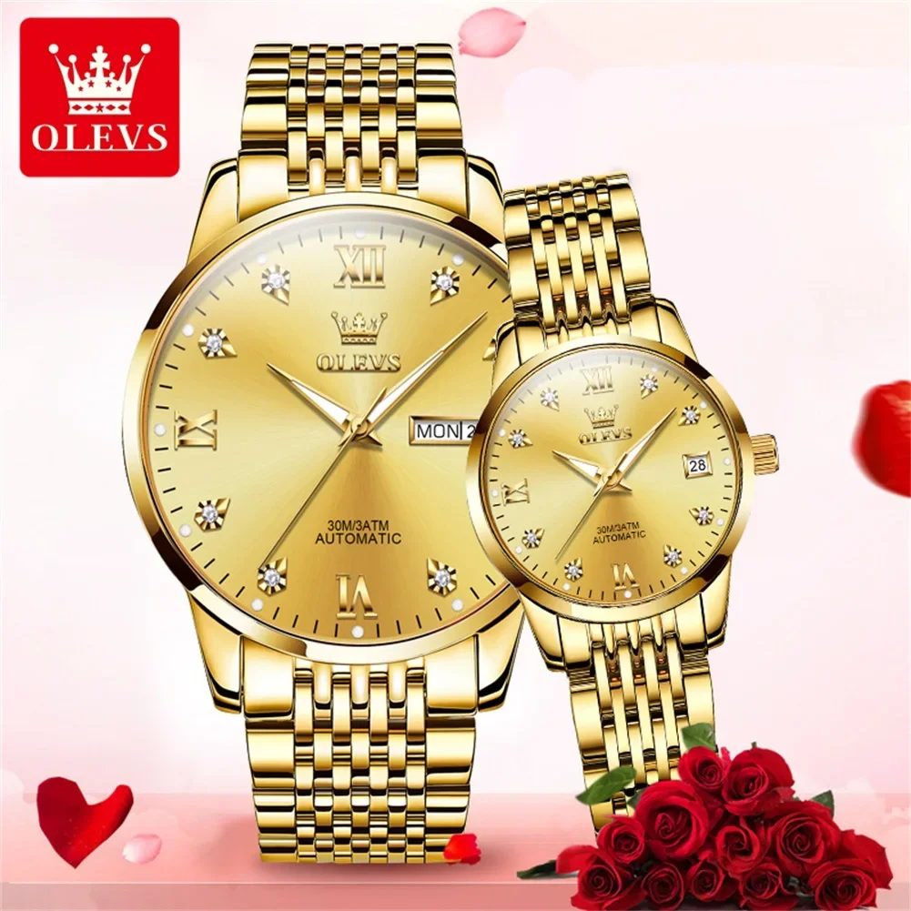 OLEVS-Montres mécaniques automatiques étanches pour couple, bracelet en acier inoxydable, montres-bracelets jumelées pour amoureux, hommes et femmes, 6673