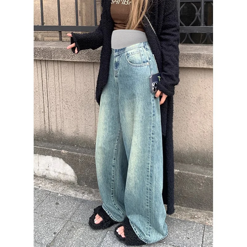 

BF Boyfriends Style Wide Leg Loose Straight Denim Jeans Maternity High Street Hip Hop Belly Supports Pants for Youth Pregnancy