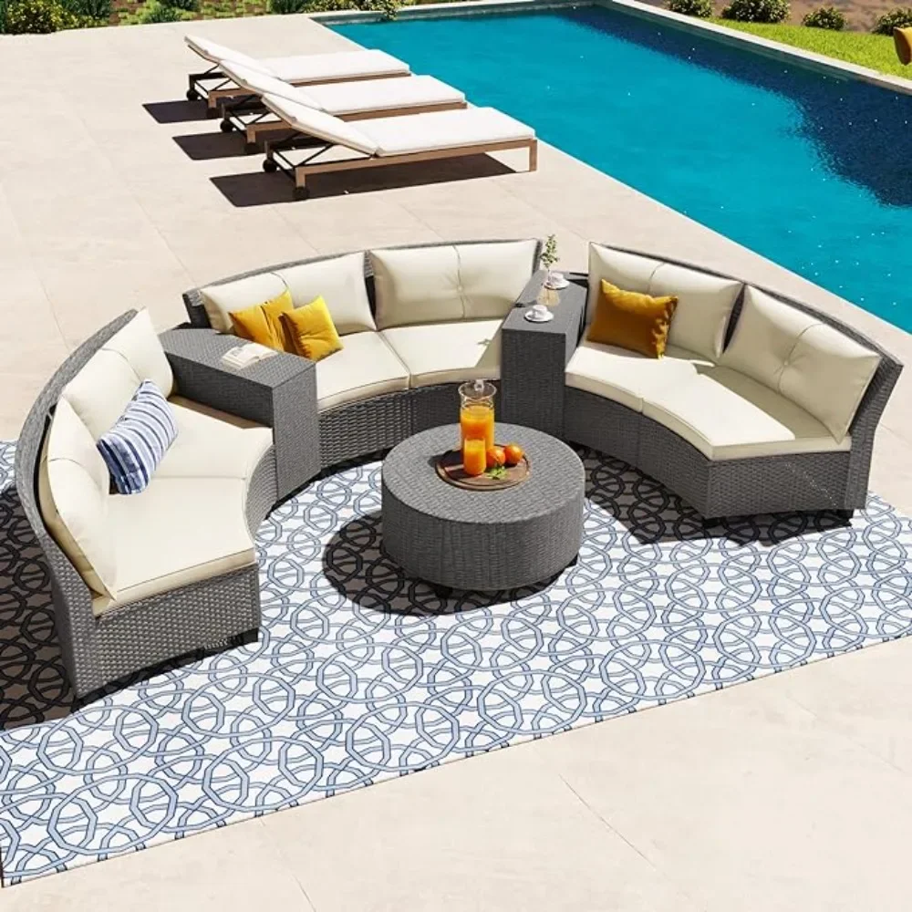 

4 Pieces Patio Furniture Sets,All Weather Outdoor PE Rattan Sofa with Wood Table and Legs, for Lawn, Backyard,Poolside or Garden