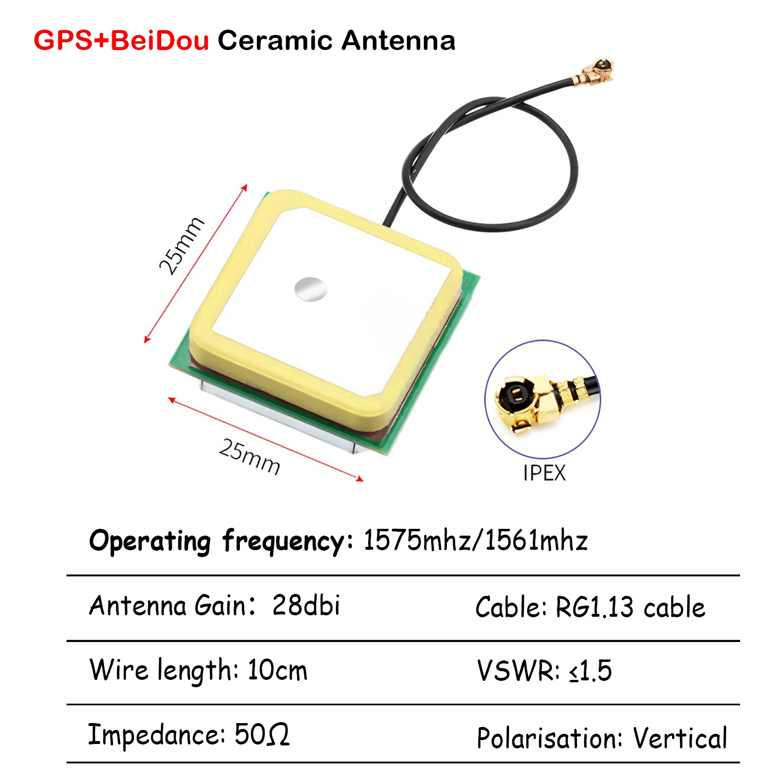 Antena GPS Cerâmica Ativa, 28db, 25x25x8mm, IPEX, 1520 MHz