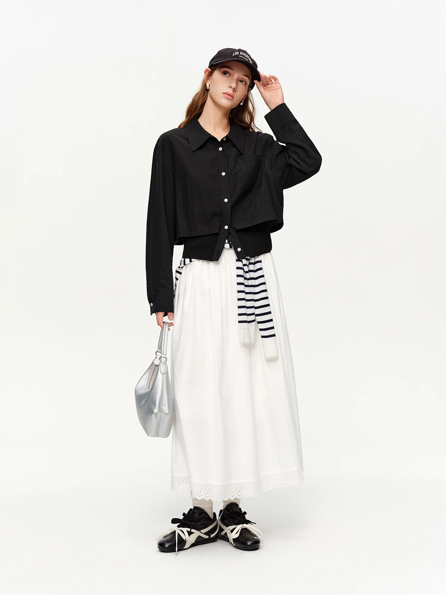 DUSHU 2026 Frühling Damen Geripptes Dreifarbiges Langarmhemd - Elegante Bluse für den Arbeitsweg Vielseitiges Styling fürs Büro