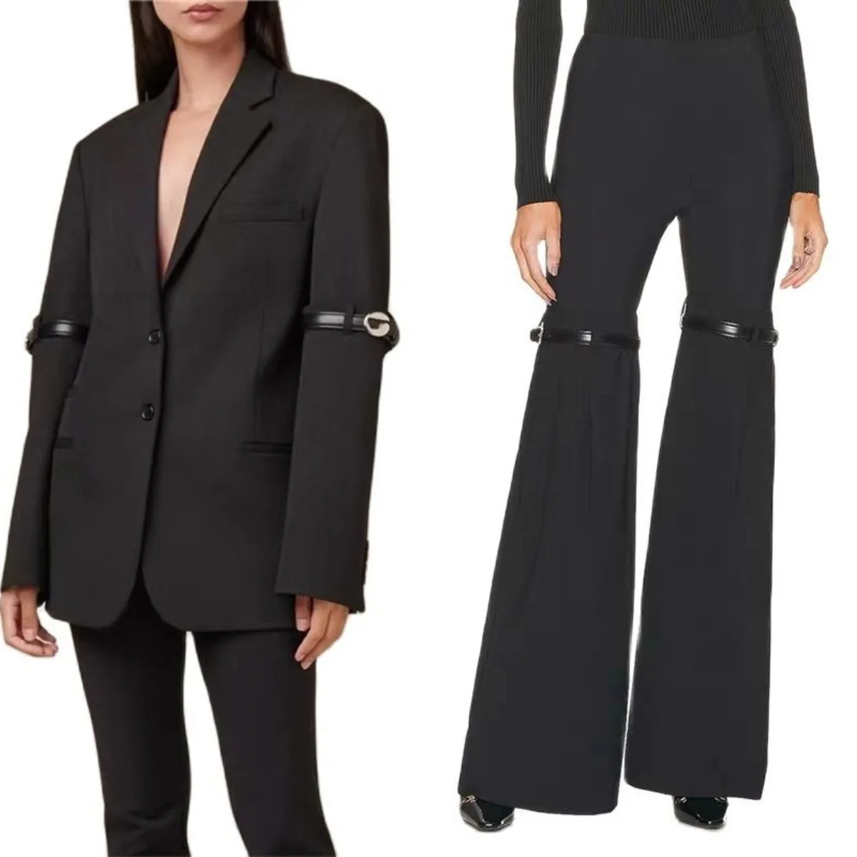 Conjunto de traje con hebilla de cinturón para mujer, chaqueta, pantalones acampanados, pantalones de cintura elástica, alta costura, color negro, 2 piezas