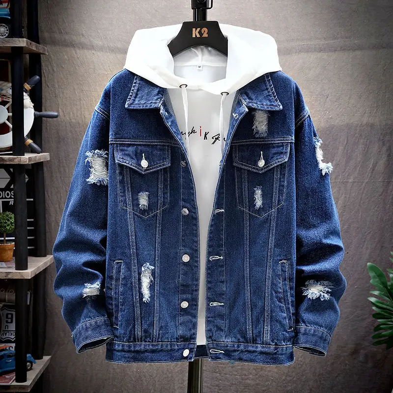 Men Denim Jacket Hooded Ripped Hole Single Breasted Coats Spliced Outerwear Jackets Pockets Casual Loose Washed Distressed