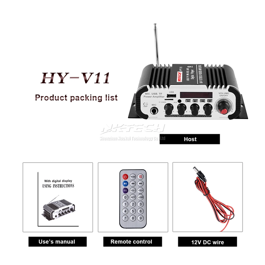 NKTECH-REPRODUCTOR de Audio Digital HY-V11 para coche, amplificador de potencia con Bluetooth, 2 canales x 20W, estéreo Hi-Fi, amplificador de graves con micrófono, reverberación de Karaoke