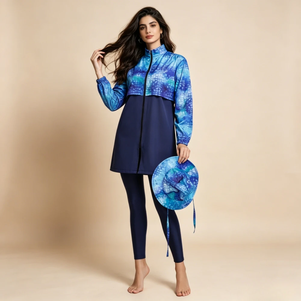 2026 4-Pcs Muslim Burkini Swimsuit with Hat Full Coverage Tie-Dye Long Sleeve Swimwear Islamic Bathing Suit Beachwear for Women
