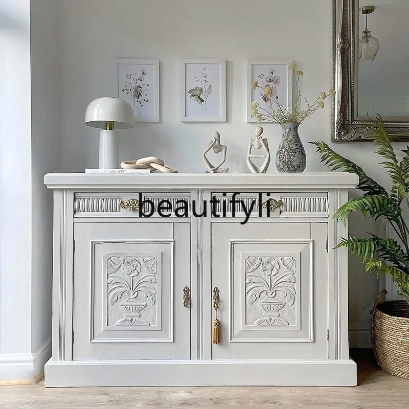 

French retro side cabinet American country antique white solid wood carving flower against the wall