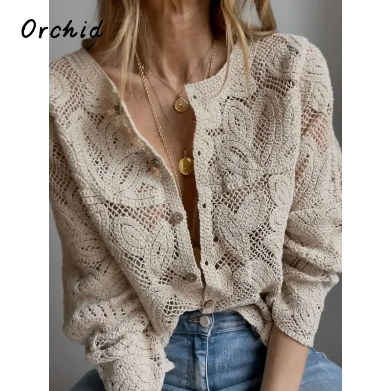 

Women Elegant White Lace Hollow Out Shirts Vintage Single Breasted Long Sleeve Blouse 2025 Fashion Female Commuting Streetwear