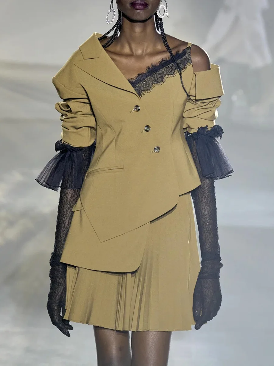 Europese en Amerikaanse lichte en volwassen stijl onregelmatig kanten splitspak 2025, zomer nieuw temperament off-the-shoulder ontwerp bl