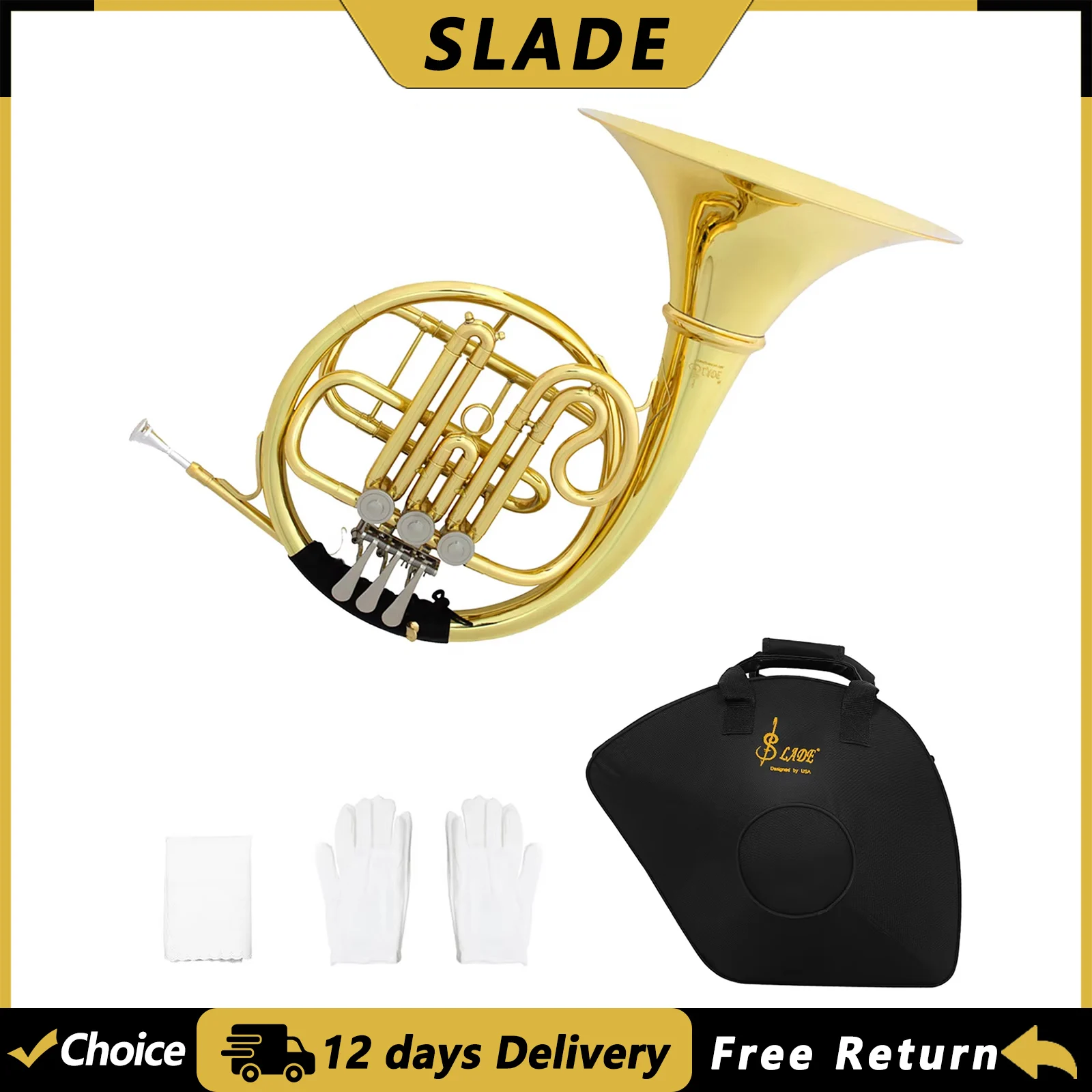 SLADE 3 Keys Bb French Horn Brass Body B-flat French Horns Golden Plated French Horn with Case Professional Brass Instruments
