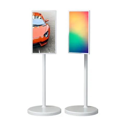 24-Inch Smart with White Cabinet Built-In Battery Speaker LCD Display Portable Indoor Standing Unit