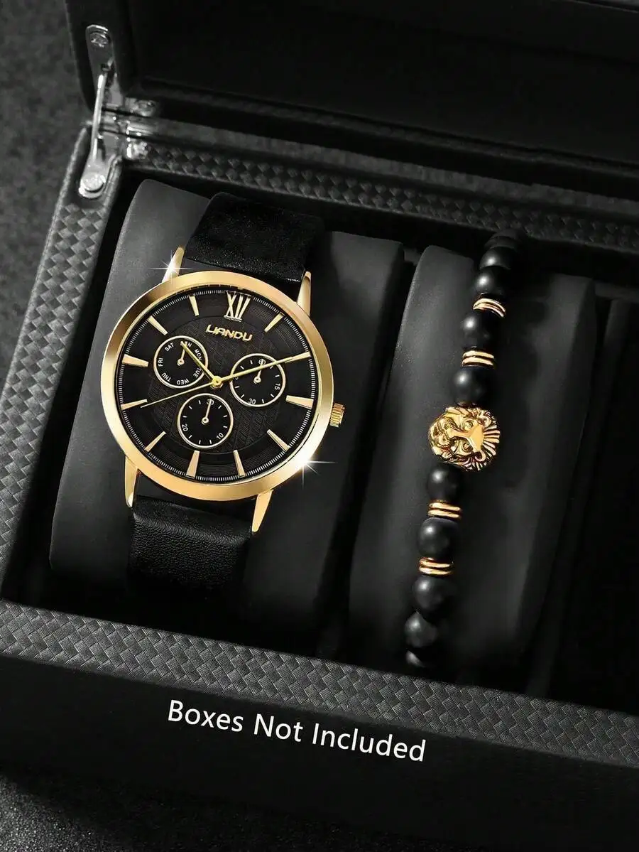 LIANDU LIANDU 1 Set Men's Fashion Casual Quartz Round Dial Watch And Lion Head Beaded Bracelet Jewelry Set, Suitable For Daily view 4