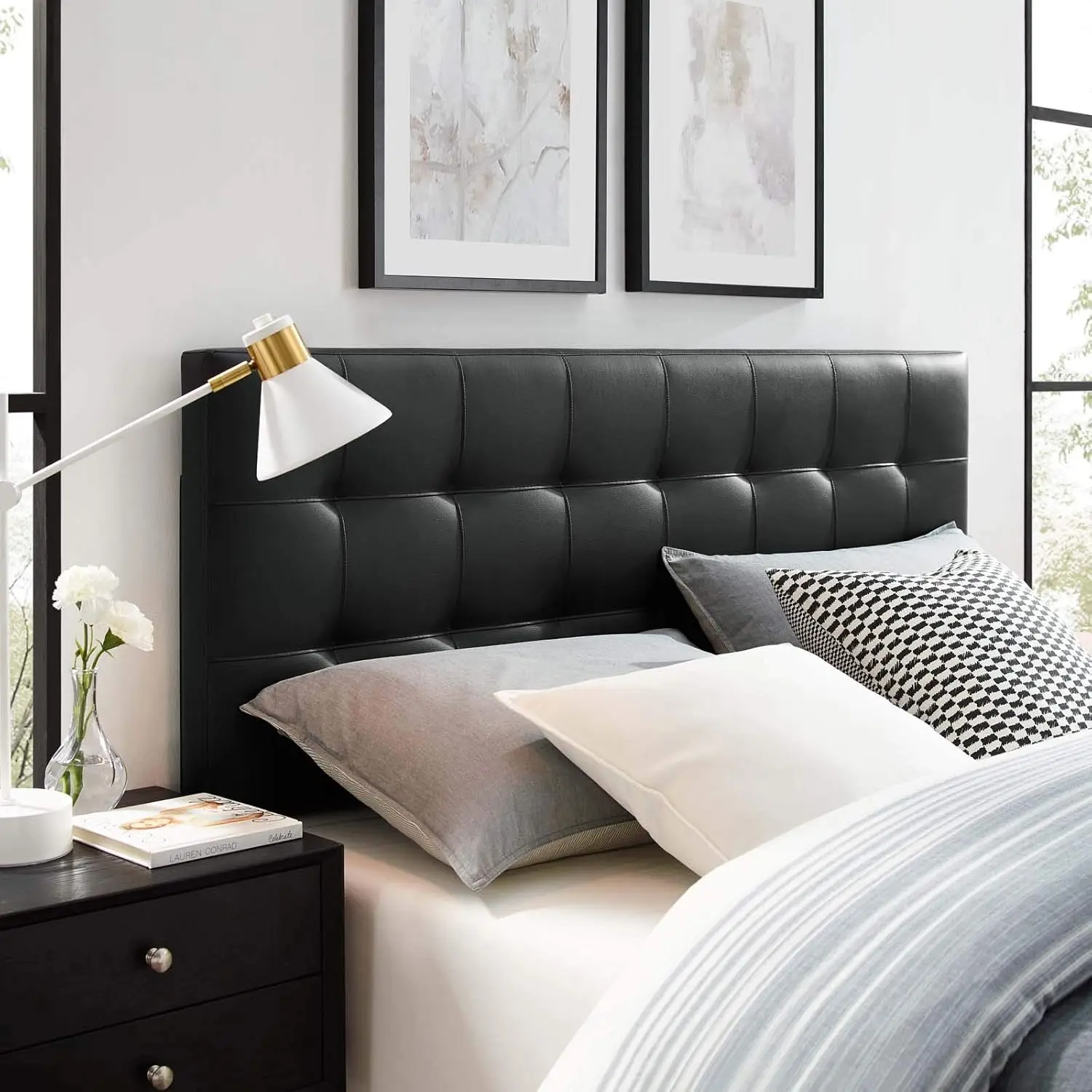 Lily Tufted Faux Leather Upholstered King Headboard in Black