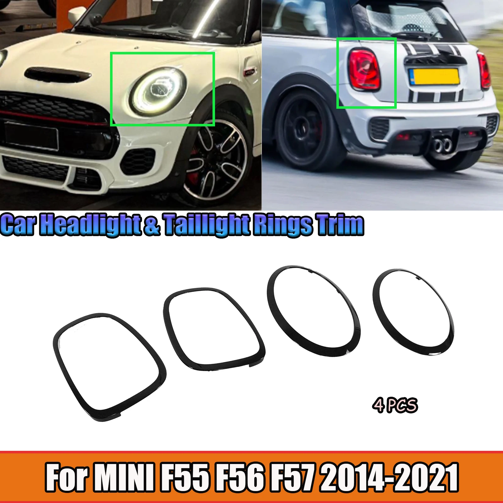 

For MINI Cooper F55 F56 F57 Models 2014-2021 Car Headlight+Taillight Rings Direct Replacement Trim Covers Glossy Black