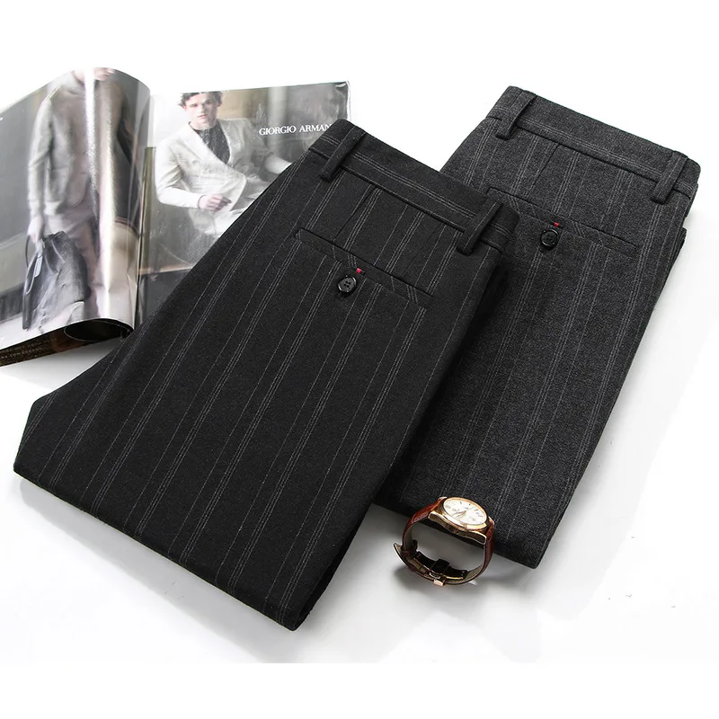 Autumn and Winter 2022 New Middle Aged Men's Stripe Casual Elastic Pants Small Straight Tube Men's Pants Business Men's Pants