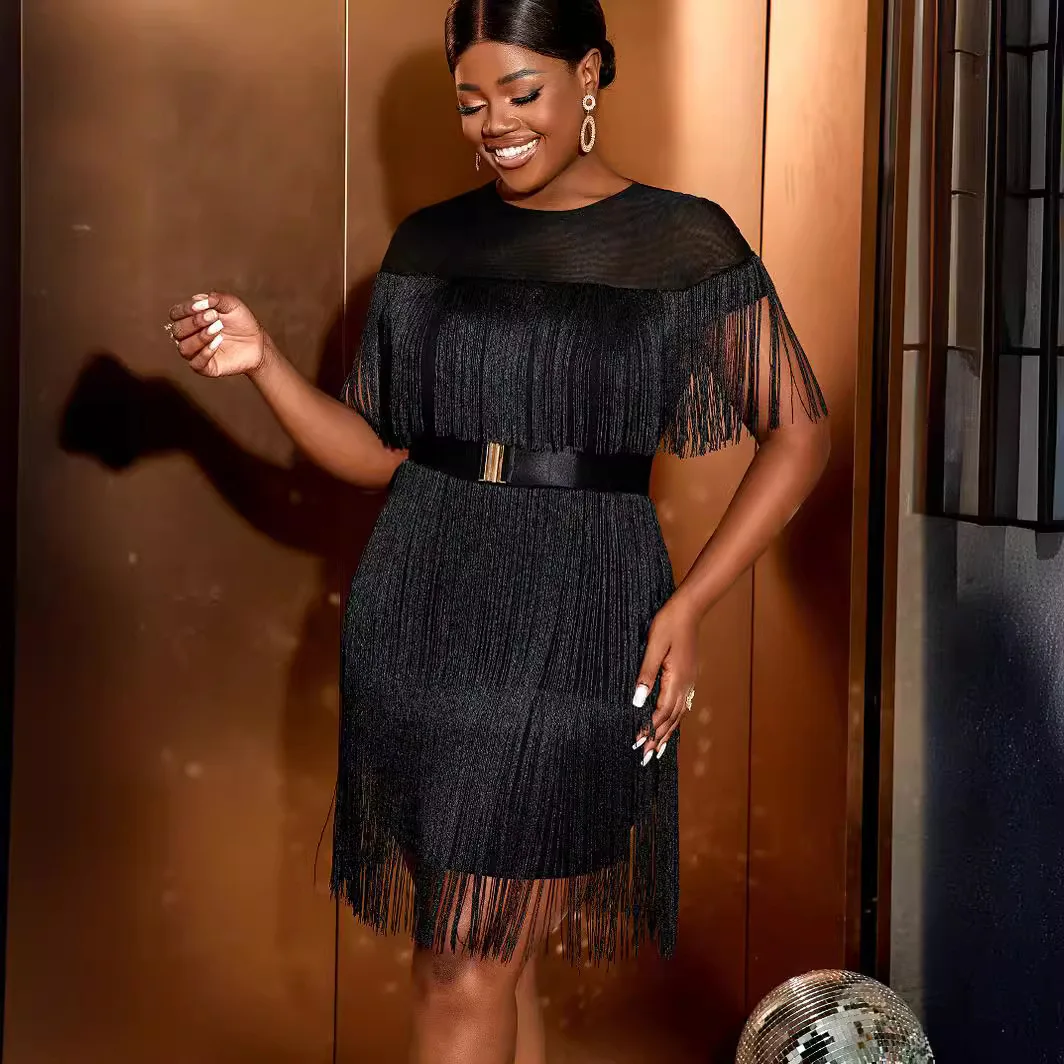 Plus Size Tassel Sheer Mini Party Dress Female Fringed Luxury Vestidos Dinner Evening Long Robe 2025 Summer Women Elegant Dress