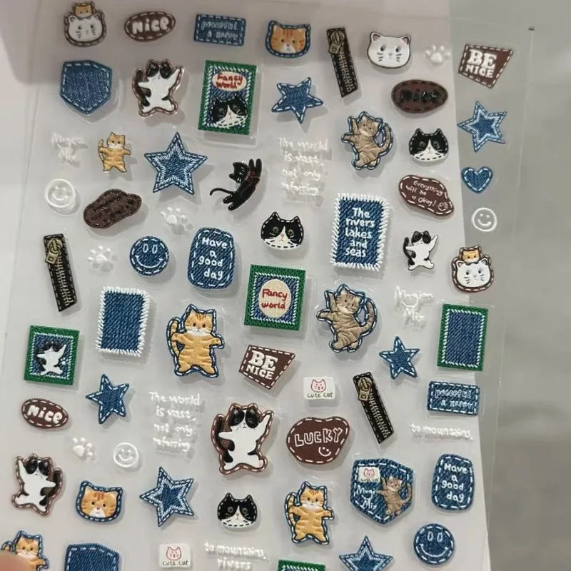 American Retro Denim Cat 3D Relief Stickers - DIY Cute Cartoon Decals for Phone Case & Camera Nail Art Mini Decoration for Girls