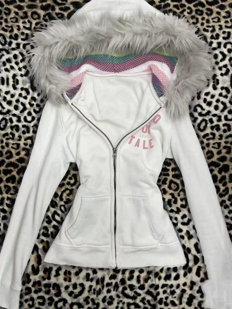 الخريف أزياء خمر طويلة الأكمام هوديي المرأة تصميم شارع العليا الأبيض سليم سستة المرقعة معطف الساخن فتاة Y2k سترة أنيقة