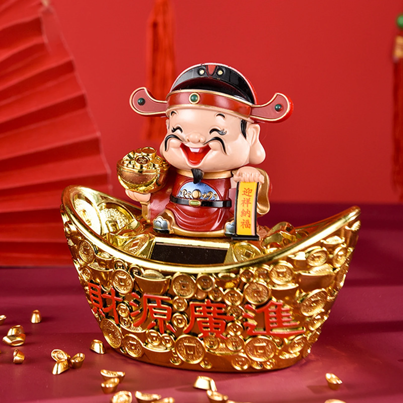 Solar Powered God of Wealth Car Ornaments Chinese Style Nodding Lucky Wealth Statue Fits Home Store Car Decor Supplies Gift