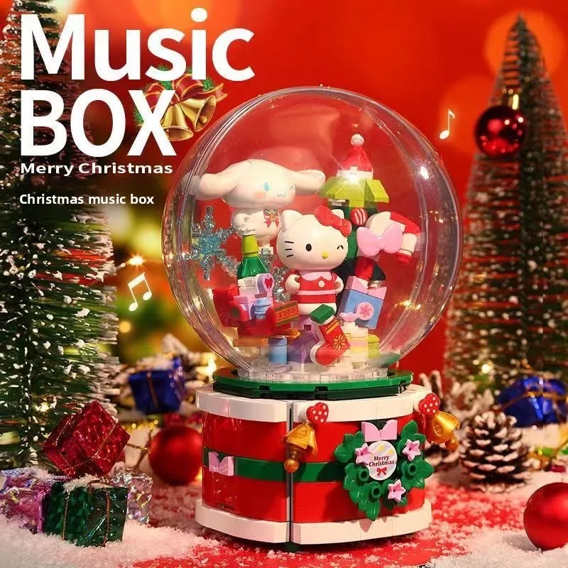 

Строительные блоки Keeppley Sanrio Wishing, Рождественская музыкальная шкатулка Hello Kitty Cinnamoroll, подвижная игрушка, модель, украшения, подарок